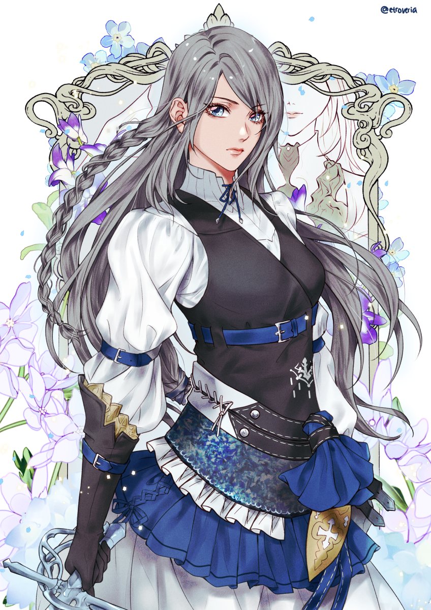 1girl belt belt_buckle black_gloves black_vest blue_belt blue_eyes blue_skirt braid buckle closed_mouth commentary cowboy_shot dress dual_persona english_commentary etroveria final_fantasy final_fantasy_xvi floral_background flower gloves grey_hair hair_behind_ear high_collar highres holding holding_sword holding_weapon jill_warrick juliet_sleeves lips long_hair long_sleeves looking_at_viewer puffy_sleeves rapier shiva_(final_fantasy) single_glove skirt solo swept_bangs sword twitter_username vest weapon white_dress