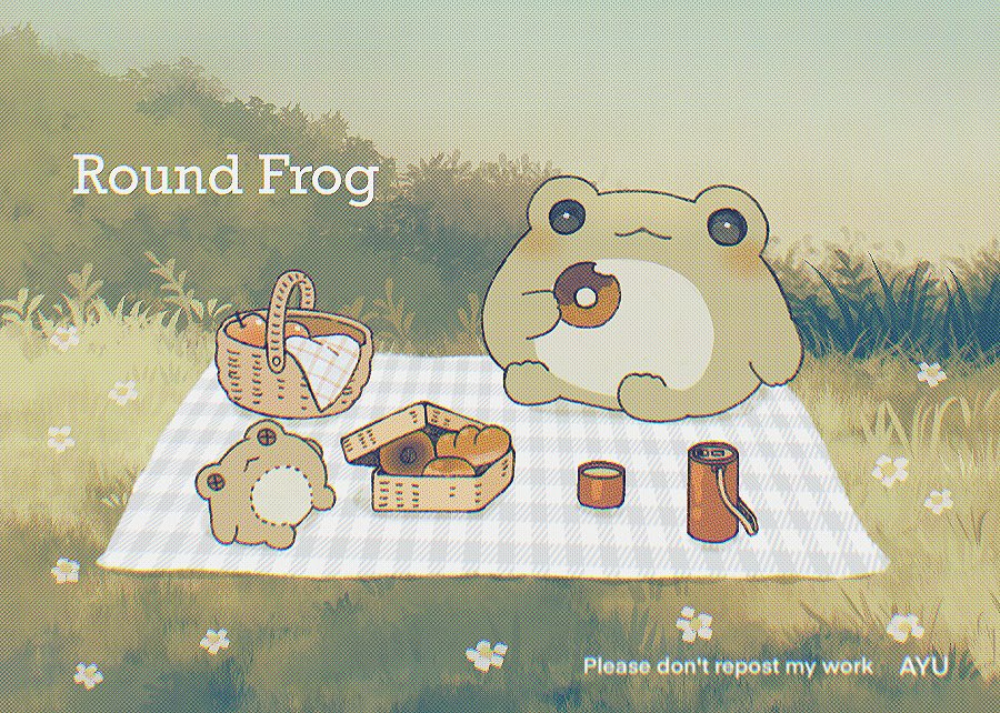 :3 apple artist_name ayu_(mog) basket black_eyes blanket blue_sky blush bread bright_pupils bush closed_mouth commentary_request day doughnut english_commentary flower food frog fruit grass holding holding_food looking_at_viewer mixed-language_commentary no_humans original outdoors picnic plant sitting sky smile solo stuffed_animal stuffed_frog stuffed_toy watermark white_flower white_pupils