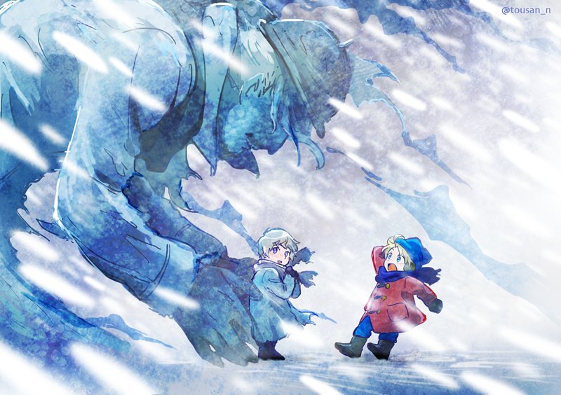 3boys america_(hetalia) aqua_eyes axis_powers_hetalia black_footwear blonde_hair blue_headwear blue_pants blue_scarf boots child coat eduroku from_side giant grey_coat grey_hair hand_on_own_head hat hat_tug helmet long_sleeves looking_at_another looking_back male_child male_focus mittens motion_blur multiple_boys open_mouth pants red_coat russia_(hetalia) scarf short_hair size_difference smile snowing standing surprised violet_eyes wind winter winter_clothes