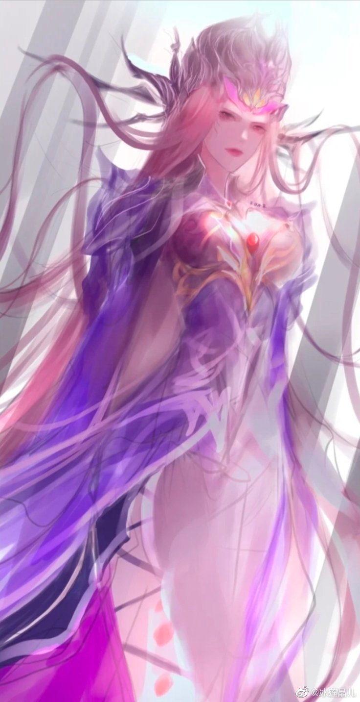 1girl bad_link bibi_dong_(douluo_dalu) blue_sky breasts closed_mouth crown douluo_dalu dress empress gem highres long_hair long_sleeves mature_female medium_breasts painting_(medium) purple_dress purple_hair red_gemstone second-party_source shoulder_guard sky solo traditional_media upper_body violet_eyes xhs_koushui_zaizai