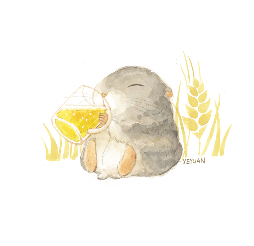 alcohol animal_focus artist_name beer beer_mug closed_eyes commentary cup drinking hamster holding holding_cup mug no_humans original simple_background sitting wheat white_background yeyuan33