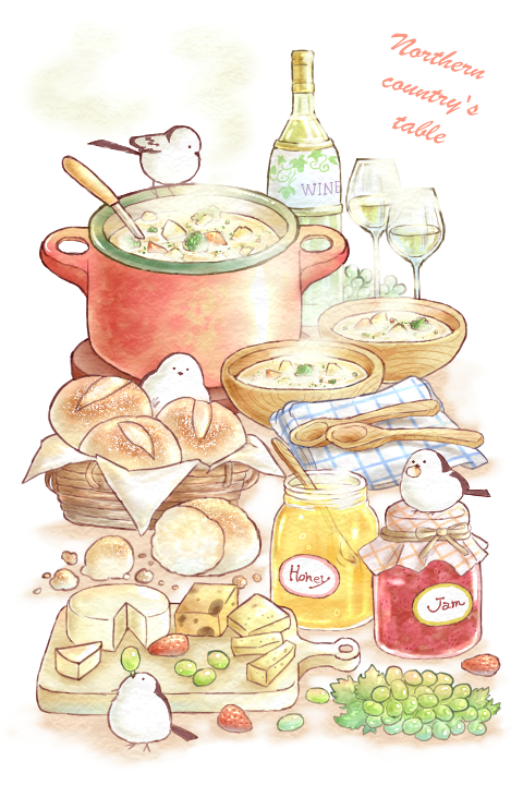 bird bottle bowl bread cheese cup drinking_glass food food_focus fruit grapes honey jam leaf long-tailed_tit no_humans original soup spoon steam stew strawberry tit_(bird) user_dxgt3288 wine_glass