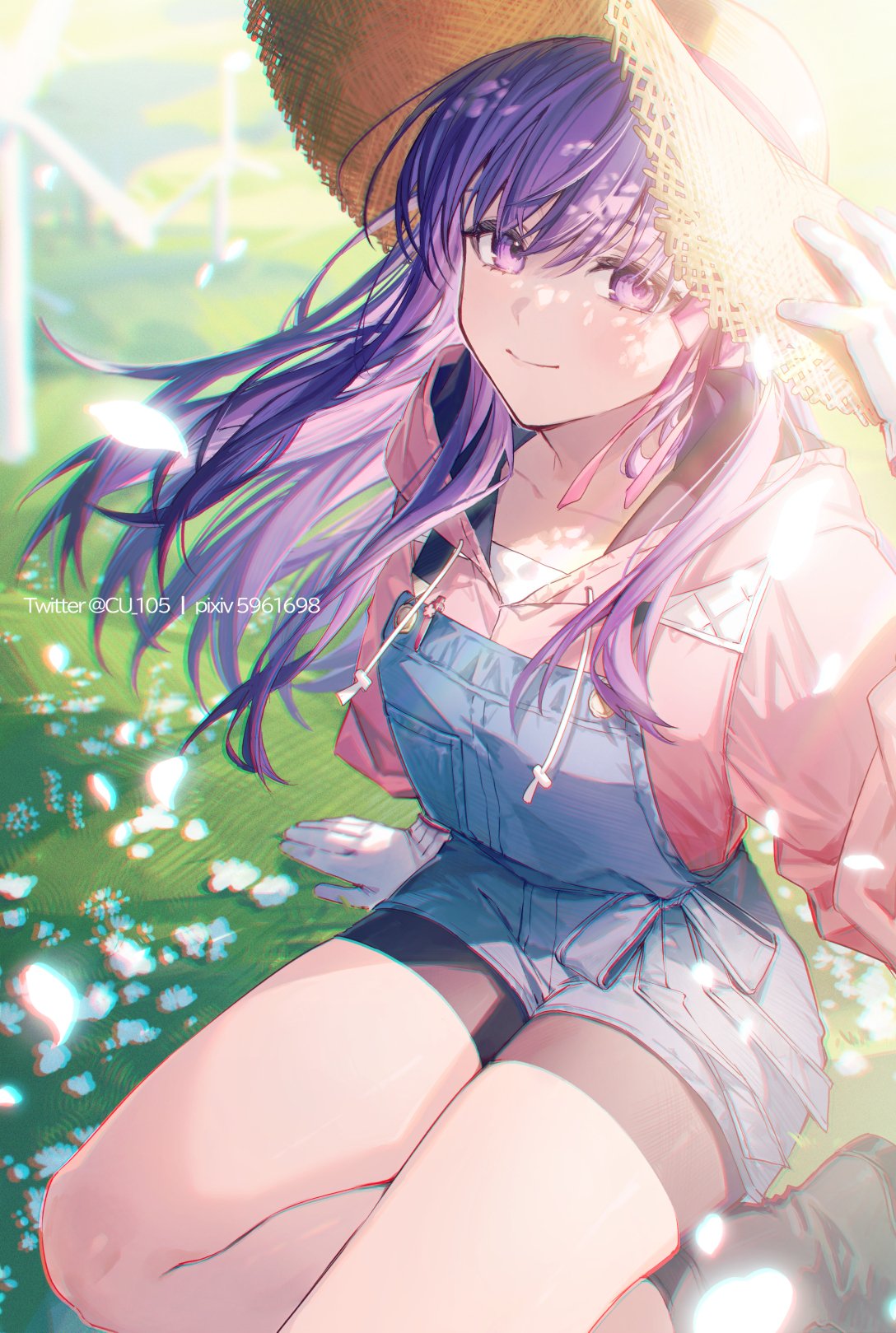 1girl black_footwear blue_overalls boots closed_mouth collarbone commentary_request coyucom fate/grand_order fate_(series) floating_hair flower gloves hair_ribbon hat highres hood hood_down hoodie long_hair looking_at_viewer matou_sakura overalls petals pink_hoodie pink_ribbon pixiv_id purple_hair ribbon smile solo straw_hat twitter_username violet_eyes white_flower white_gloves