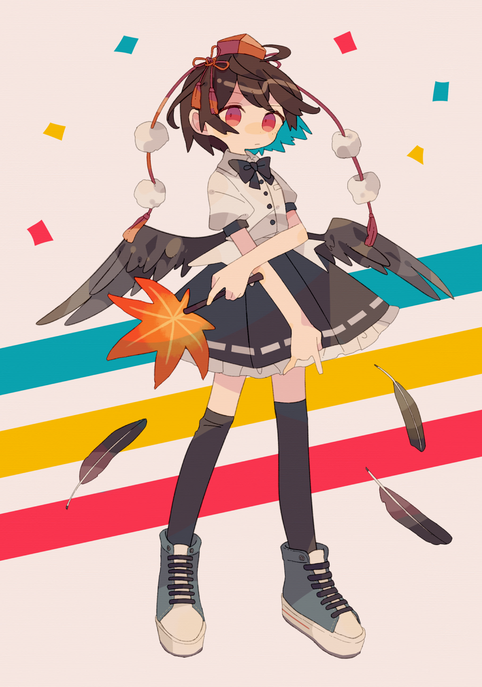 1girl \m/ aqua_hair bad_id bad_tumblr_id black_bow black_bowtie black_feathers black_skirt black_thighhighs black_wings bow bowtie breast_pocket brown_hair buttons chinese_knot closed_mouth collared_shirt colored_inner_hair commentary_request daizu_(melon-lemon) feathered_wings feathers frilled_skirt frills full_body grey_footwear hand_fan hat hauchiwa highres holding holding_fan low_wings multicolored_hair no_nose no_sclera over-kneehighs pocket pom_pom_(clothes) puffy_short_sleeves puffy_sleeves red_eyes red_handwear ribbon-trimmed_skirt ribbon_trim shameimaru_aya shirt shoes short_hair short_sleeves skirt sneakers solo standing tassel thigh-highs tokin_hat touhou white_shirt wings