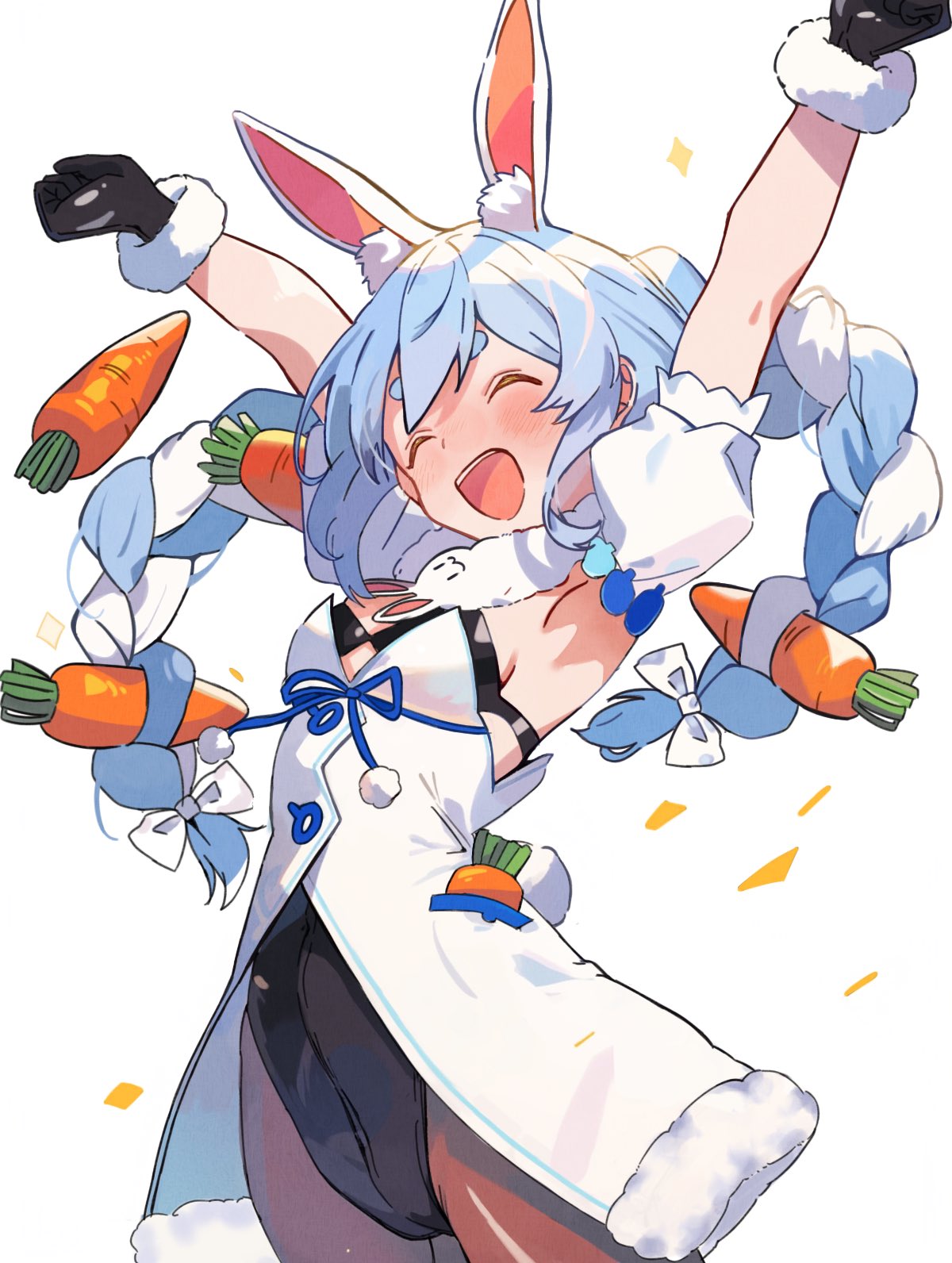1girl animal_ear_fluff animal_ears arm_garter armpits arms_up black_gloves black_leotard blue_hair blush bow braid breasts brown_pantyhose carrot carrot_hair_ornament closed_eyes commentary cowboy_shot don-chan_(usada_pekora) dress food-themed_hair_ornament fur-trimmed_dress fur-trimmed_gloves fur_trim gloves hair_ornament hair_ribbon happy highres hololive leotard leotard_under_clothes light_blue_hair long_hair multicolored_hair open_mouth pantyhose playboy_bunny pom_pom_(clothes) rabbit_ears rabbit_girl rabbit_tail ribbon sanununeno simple_background small_breasts solo sparkle strapless strapless_dress strapless_leotard tail thick_eyebrows tress_ribbon twin_braids twintails two-tone_hair usada_pekora usada_pekora_(1st_costume) virtual_youtuber white_background white_bow white_dress white_hair