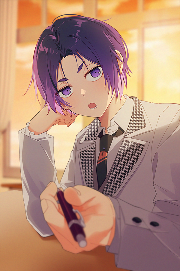 1boy black_necktie blue_lock collared_shirt commentary head_rest holding holding_pen indoors jacket long_sleeves looking_at_viewer male_focus mikage_reo necktie nokcha26 open_mouth pen purple_hair school_uniform shirt short_eyebrows short_hair solo upper_body v-shaped_eyebrows violet_eyes white_jacket white_shirt