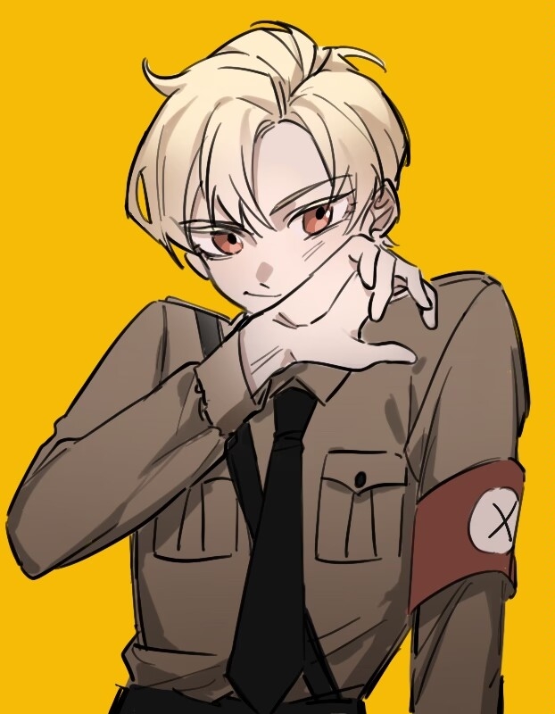1boy arm_at_side armband belt black_belt black_necktie blonde_hair breast_pocket brown_shirt buttoned_cuffs buttons censored_symbol closed_mouth collared_shirt colored_eyelashes commentary hair_between_eyes hand_on_own_cheek hand_on_own_face hand_up long_sleeves looking_at_viewer male_focus nazi necktie orange_eyes original parted_hair pocket red_armband sam_browne_belt shirt shirt_tucked_in short_hair shoulder_strap simple_background solo sturmabteilung tsurime uniform upper_body x xun_(user_adaw5358) yellow_background