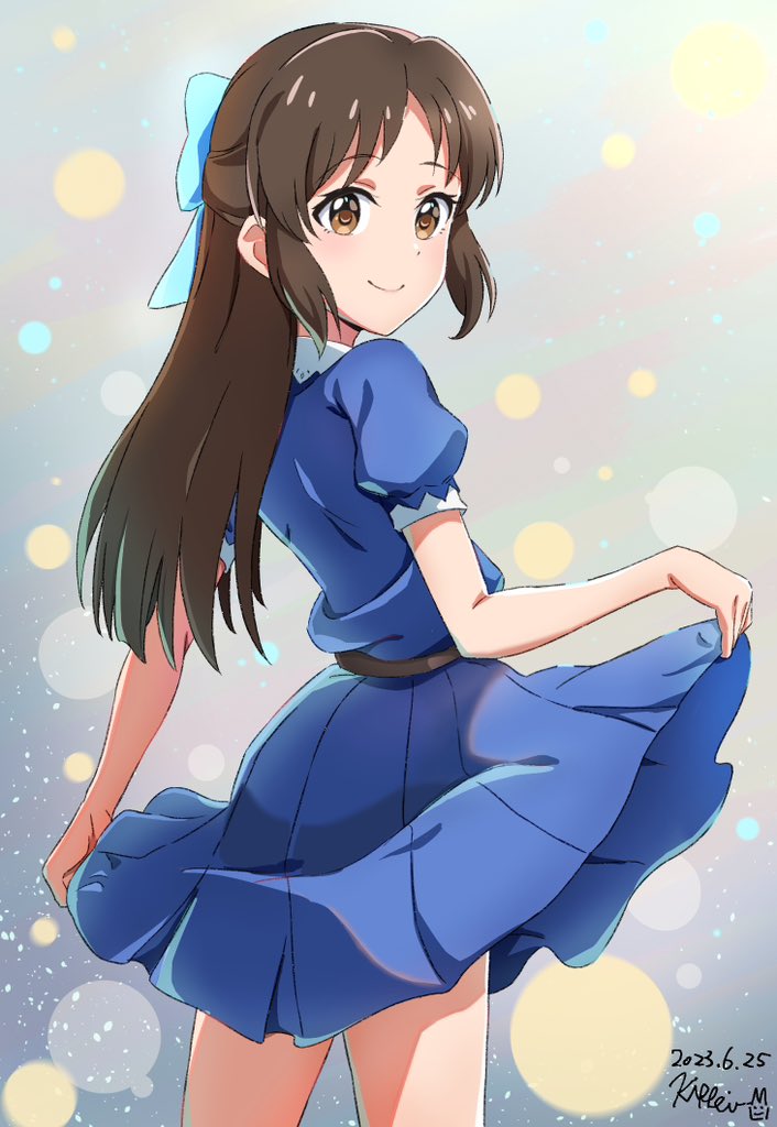 1girl belt black_belt blue_bow blue_dress bow brown_eyes brown_hair bubble_background commentary_request cowboy_shot dated dot_nose dress grey_background hair_bow hands_up idolmaster idolmaster_cinderella_girls idolmaster_cinderella_girls_u149 kippei long_hair looking_at_viewer puffy_short_sleeves puffy_sleeves short_sleeves sidelocks signature skirt_hold smile solo tachibana_arisu thighs