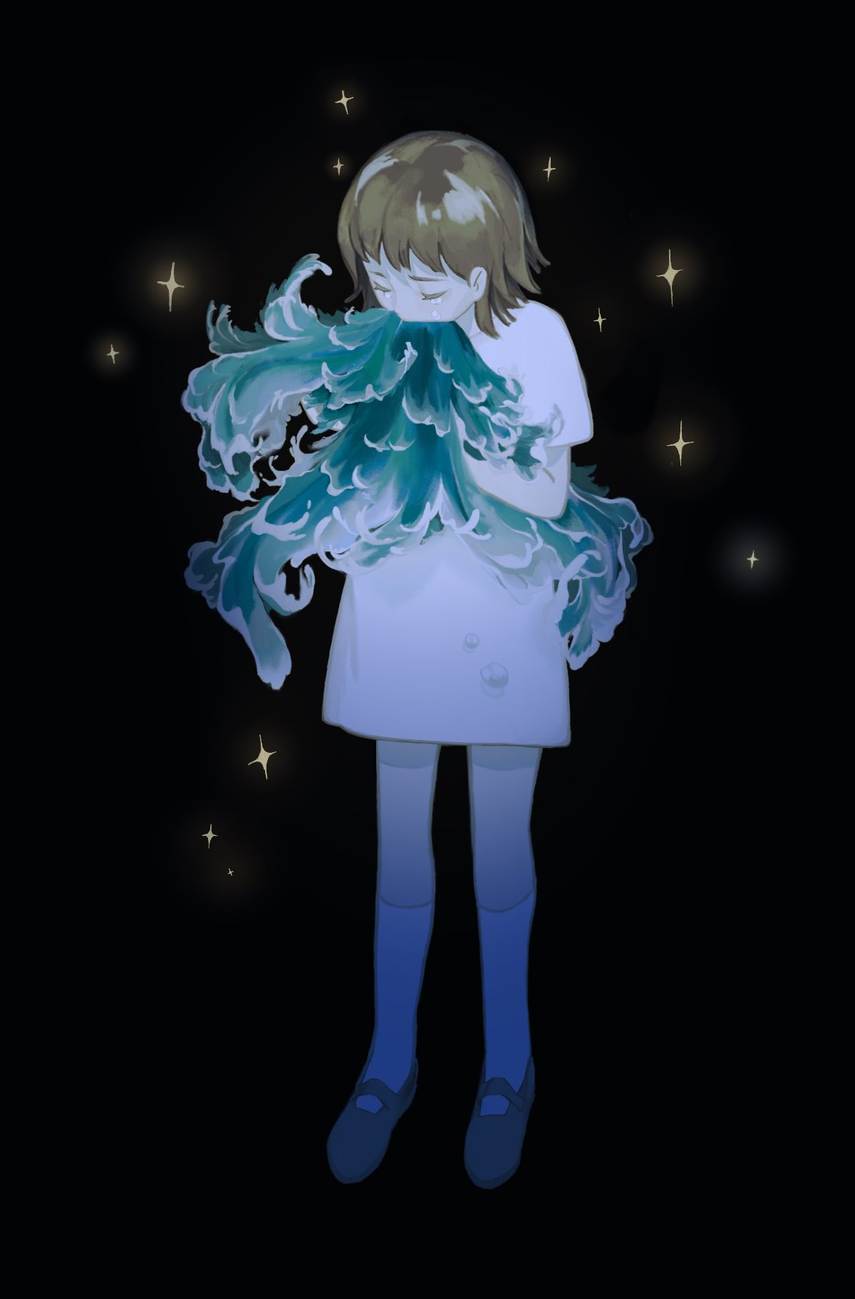 1girl black_background blue_let11 brown_hair closed_eyes commentary crying dress full_body highres kneehighs original shirt shoes short_hair short_sleeves simple_background socks solo sparkle standing symbol-only_commentary vomiting water waves white_shirt white_socks