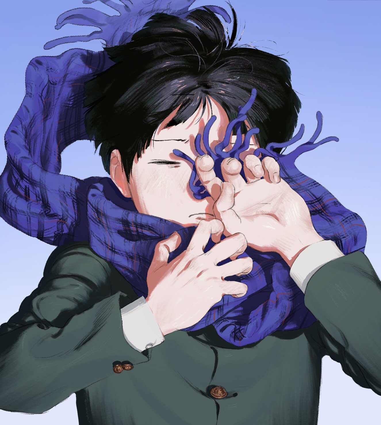 1boy black_hair blue_scarf blue_sky bowl_cut closed_mouth floating_hair floating_scarf frown gakuran gradient_background hand_over_face hands_up highres kageyama_shigeo long_sleeves male_focus mob_psycho_100 nanigaoka one_eye_covered scarf school_uniform shading_eyes short_hair sky solo upper_body wind