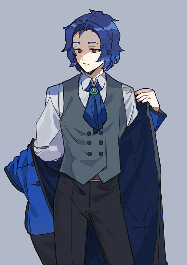 1boy ascot belt black_pants blue_ascot blue_coat blue_hair brown_belt brown_eyes chesed_(project_moon) closed_mouth coat collared_shirt commentary_request grey_background grey_vest lobotomy_corporation long_sleeves male_focus medu_(rubish) pants parted_bangs project_moon removing_coat shirt short_hair simple_background solo vest white_shirt