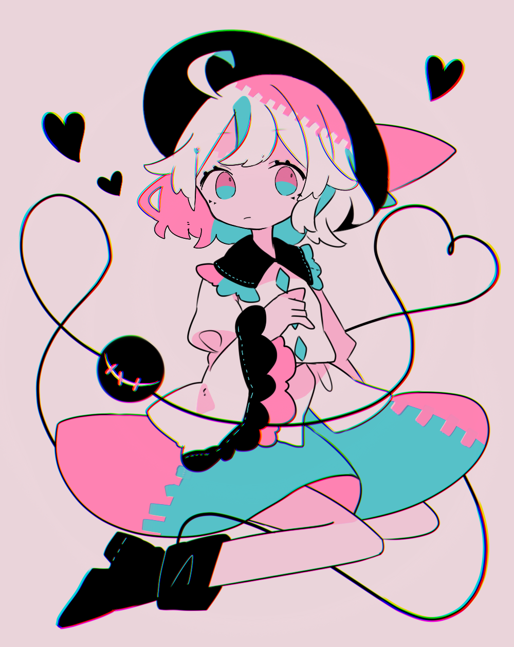 1girl ahoge arm_at_side bad_id bad_tumblr_id black_footwear blue_eyes boots bow buttons chromatic_aberration closed_mouth daizu_(melon-lemon) diamond_button eyeball full_body hand_up hat hat_bow hat_ribbon heart heart_of_string highres komeiji_koishi limited_palette long_sleeves multicolored_eyes no_nose pink_eyes ribbon shirt short_hair simple_background skirt solo third_eye touhou wide_sleeves