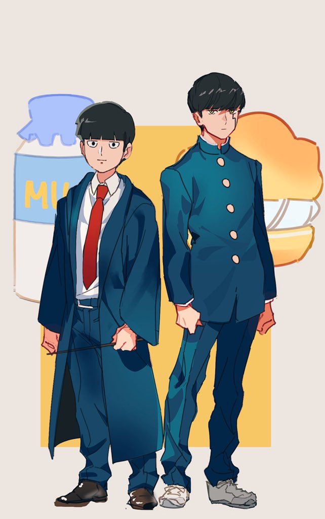2boys arms_at_sides black_hair blunt_bangs bottle bowl_cut coat cosplay costume_switch cream_puff crossover expressionless facial_mark food full_body gakuran hairstyle_connection height_difference holding holding_wand kageyama_shigeo long_sleeves looking_at_viewer male_focus mash_burnedead mashle milk_bottle mob_psycho_100 multiple_boys necktie pants red_necktie school_uniform shirt shoes short_hair siotomato smile standing wand white_footwear white_shirt