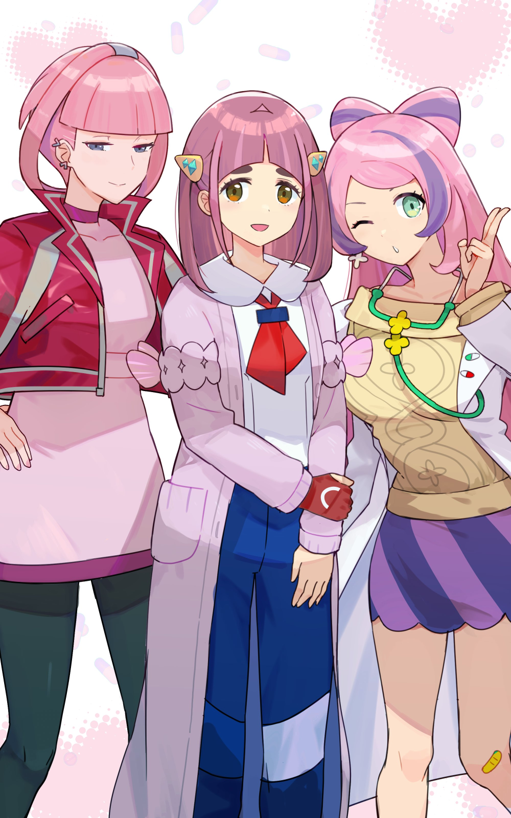 3girls :d bandaid bandaid_on_knee bandaid_on_leg black_pantyhose blue_pants blunt_bangs closed_mouth coat commentary dress earrings eyelashes green_eyes hair_ornament hairclip hand_on_own_hip hand_up highres hsin jacket jewelry knees lacey_(pokemon) long_hair miriam_(pokemon) mollie_(pokemon) multiple_girls one_eye_closed open_clothes open_coat open_jacket open_mouth pants pantyhose parted_lips pink_dress pink_hair pokemon pokemon_(anime) pokemon_(game) pokemon_horizons pokemon_sv purple_skirt red_jacket shirt skirt smile sweater white_coat white_shirt yellow_sweater