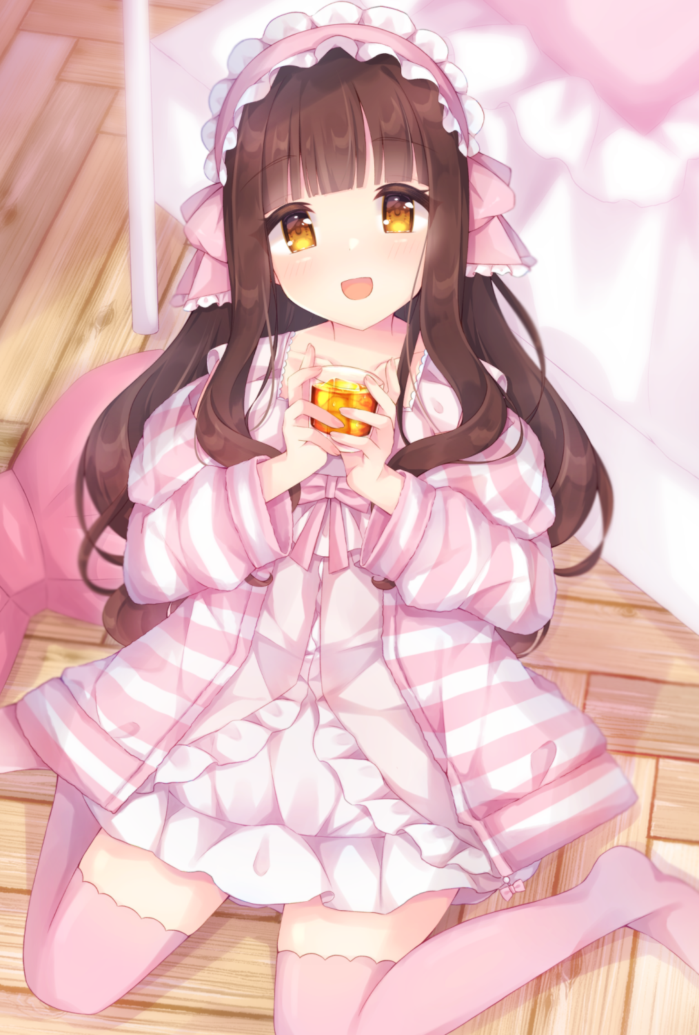1girl :d bed brown_eyes brown_hair caramel_(caramelmilk) collarbone commentary_request cup dress drinking_glass frilled_dress frilled_hairband frilled_pillow frills hairband hands_up highres holding holding_cup indoors jacket long_hair long_sleeves looking_at_viewer no_shoes on_floor open_clothes open_jacket original pillow pink_hairband pink_thighhighs puffy_long_sleeves puffy_sleeves sitting smile solo striped striped_jacket thigh-highs very_long_hair wariza wooden_floor