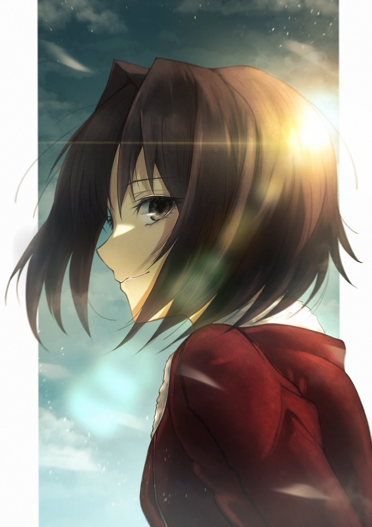 1girl black_eyes black_hair blue_sky border closed_mouth clouds commentary_request day floating_hair fur-trimmed_jacket fur_trim highres jacket kara_no_kyoukai looking_at_viewer outside_border pillarboxed profile red_jacket ryougi_shiki short_hair sky smile solo sunlight toomishou white_border
