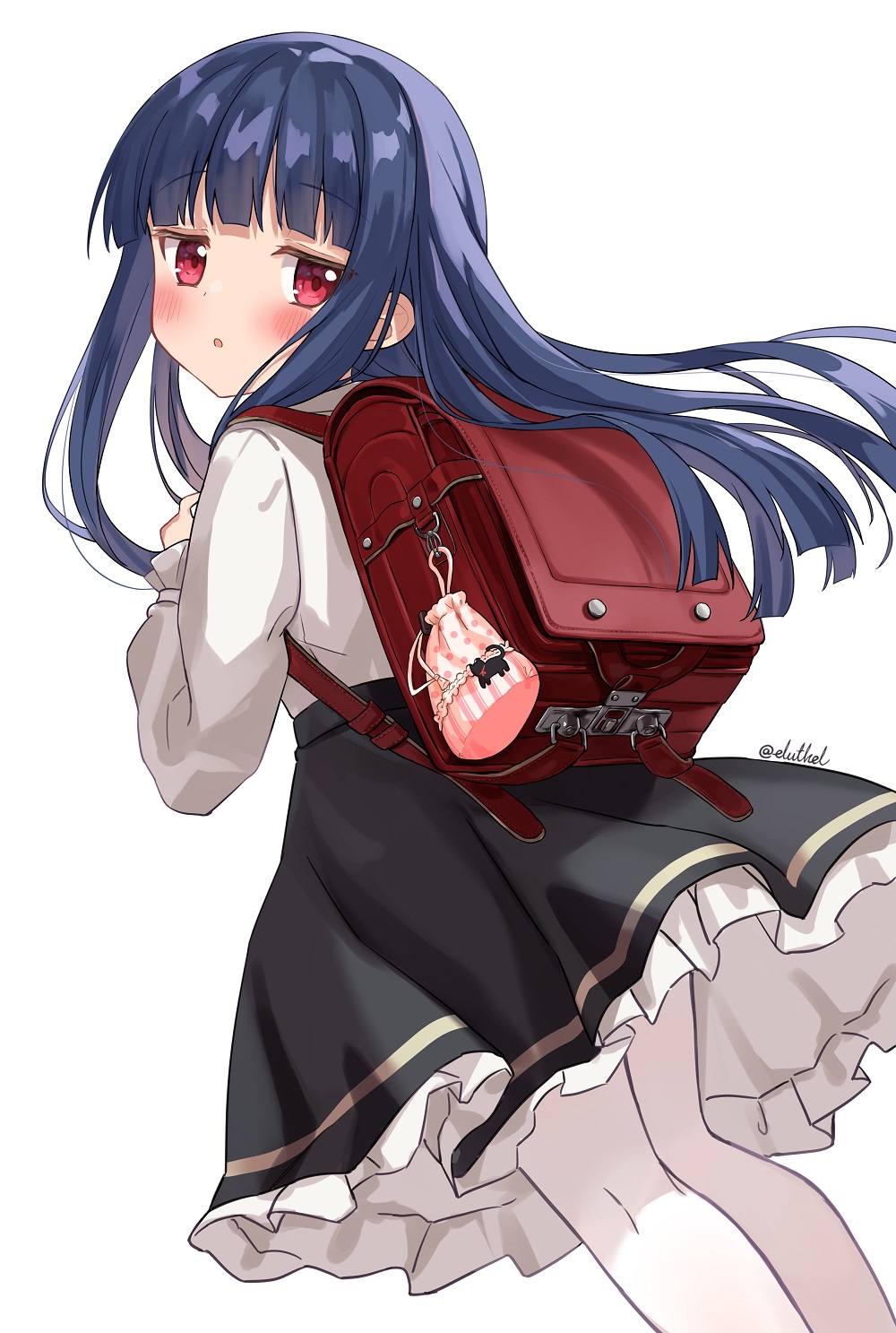 1girl :o backpack bag black_skirt blue_hair blush commentary dutch_angle eluthel female_child frilled_skirt frills from_behind hand_up highres holding_strap idolmaster idolmaster_cinderella_girls idolmaster_cinderella_girls_u149 legs long_hair long_sleeves looking_back open_mouth pantyhose randoseru red_bag red_eyes sajo_yukimi shirt sidelocks skirt solo symbol-only_commentary white_background white_pantyhose white_shirt