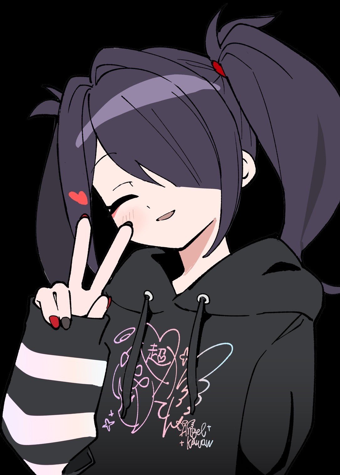 1girl ame-chan_(needy_girl_overdose) black_background black_hair black_nails blush closed_eyes hair_over_one_eye hair_tie heart highres hood hoodie kokaki_mumose long_hair looking_at_viewer multicolored_nails needy_girl_overdose parted_lips red_nails simple_background sleeves_past_wrists smile solo twintails v