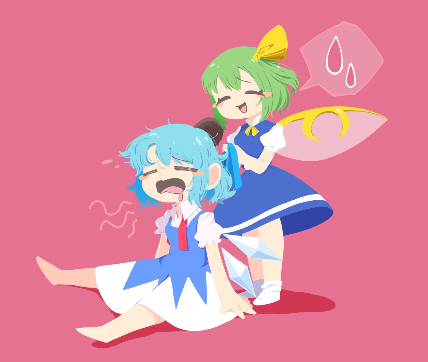 2girls adjusting_another's_hair barefoot blue_dress blue_hair blue_skirt blue_vest blush_stickers cirno closed_eyes collared_shirt comb daiyousei detached_wings dress drooling fairy fairy_wings green_hair holding holding_comb ice ice_wings long_hair mouth_drool multiple_girls open_mouth pinafore_dress pink_background puffy_short_sleeves puffy_sleeves shinsei_tomato shirt short_hair short_sleeves side_ponytail simple_background skirt sleeveless sleeveless_dress smile spoken_sweatdrop sweatdrop touhou vest white_shirt wings