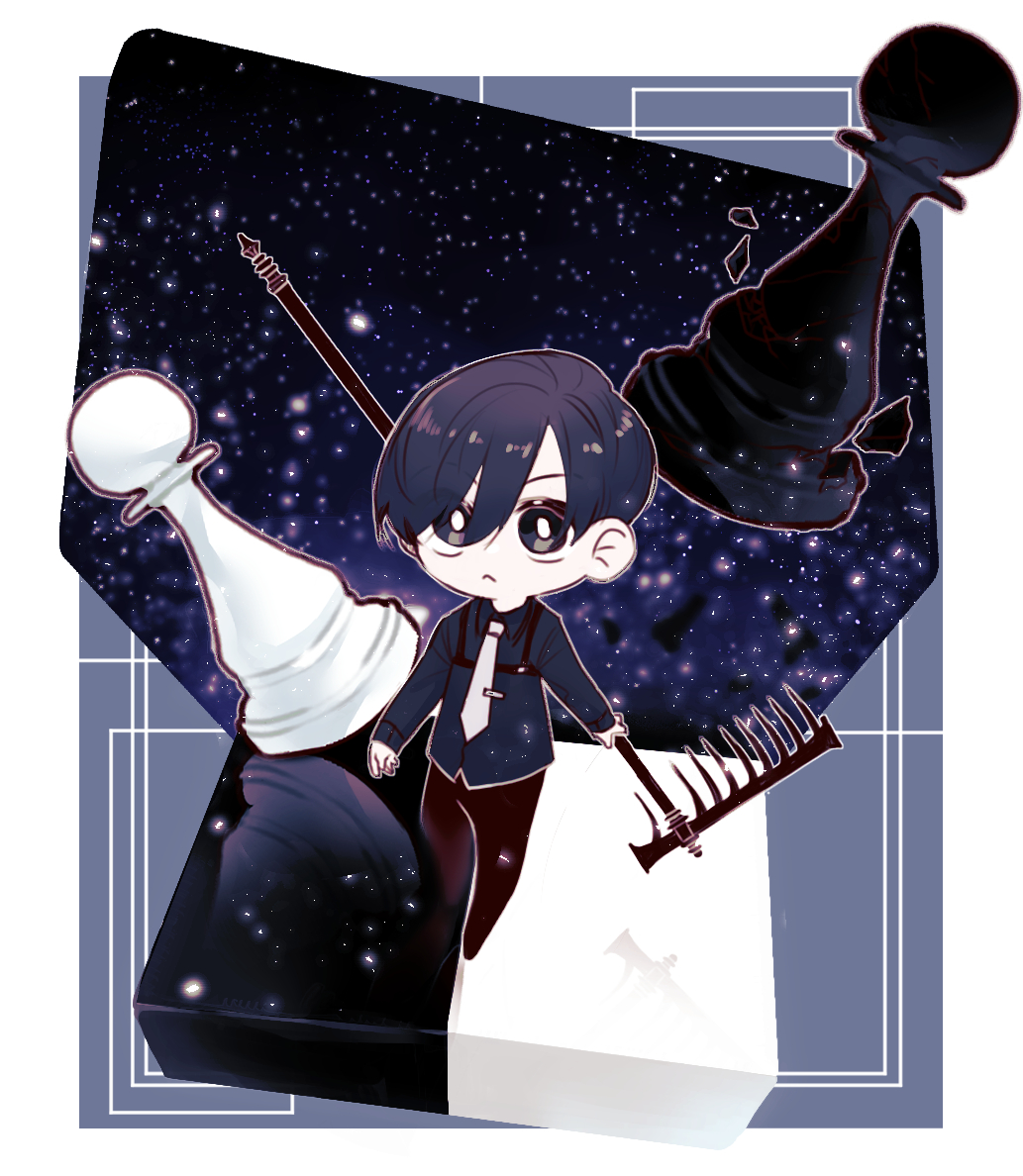 1boy black_eyes black_hair black_shirt bright_pupils chess_piece chest_harness chibi closed_mouth collared_shirt commentary_request ex_rank_supporting_role's_replay_in_a_prestigious_school harness holding holding_weapon jo_uisin korean_commentary long_sleeves looking_at_viewer male_focus mynahan_rim necktie pawn_(chess) shirt short_hair solo star_(sky) weapon white_necktie white_pupils