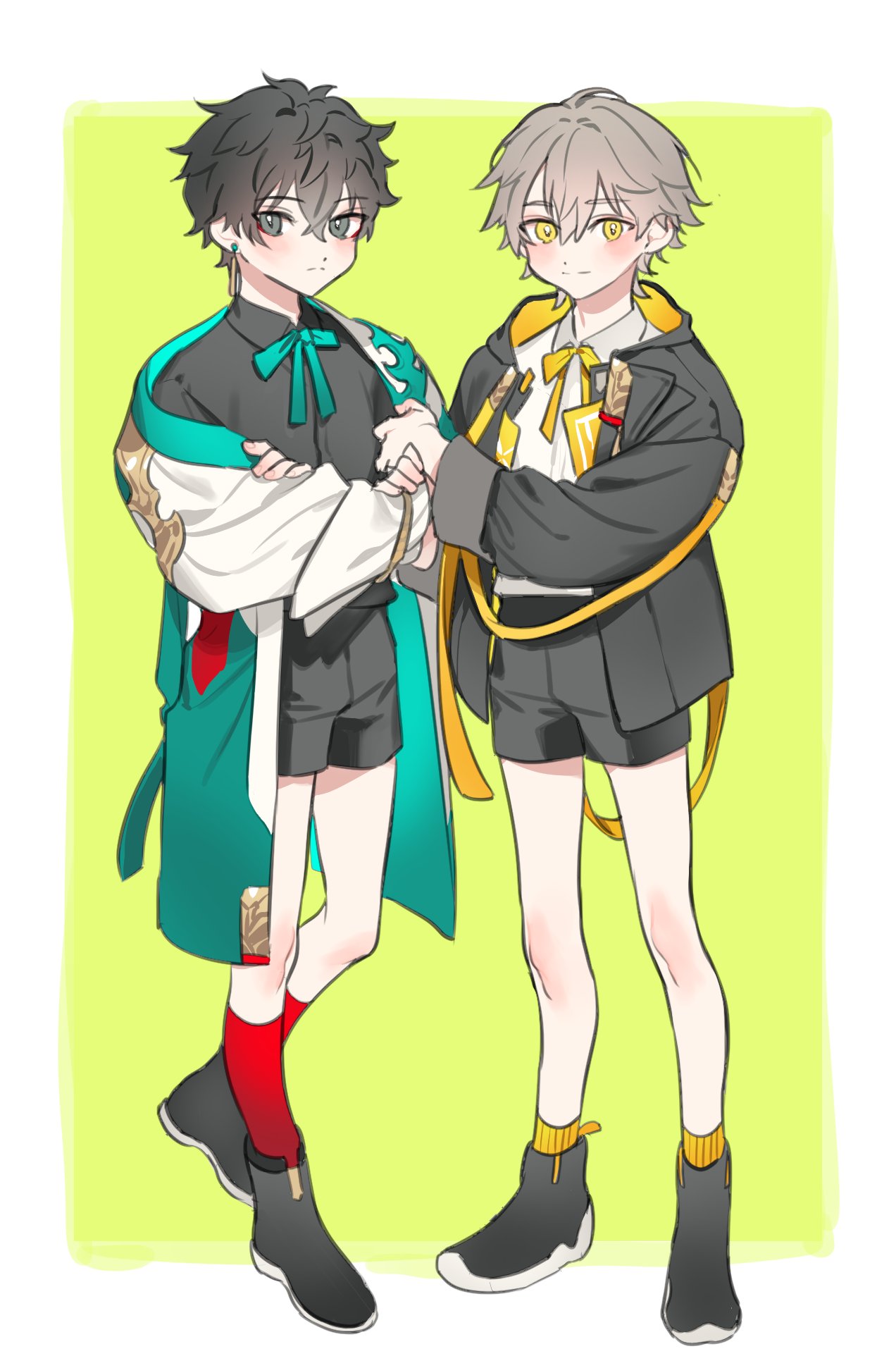 2boys adapted_costume aged_down aqua_bow aqua_bowtie black_footwear black_hair black_jacket black_shirt black_shorts blush boots border bow bowtie bp_st_7 caelus_(honkai:_star_rail) closed_mouth coat collared_jacket collared_shirt crossed_arms crossed_bangs dan_heng_(honkai:_star_rail) earrings fingernails full_body green_background grey_eyes grey_hair hair_between_eyes hands_up highres honkai:_star_rail honkai_(series) hood hooded_jacket jacket jewelry leg_up long_sleeves looking_at_viewer male_focus multiple_boys open_clothes open_coat open_jacket outside_border puffy_long_sleeves puffy_sleeves red_socks shirt short_hair shorts simple_background single_earring smile socks standing standing_on_one_leg trailblazer_(honkai:_star_rail) white_border white_coat white_shirt wing_collar yellow_bow yellow_bowtie yellow_eyes