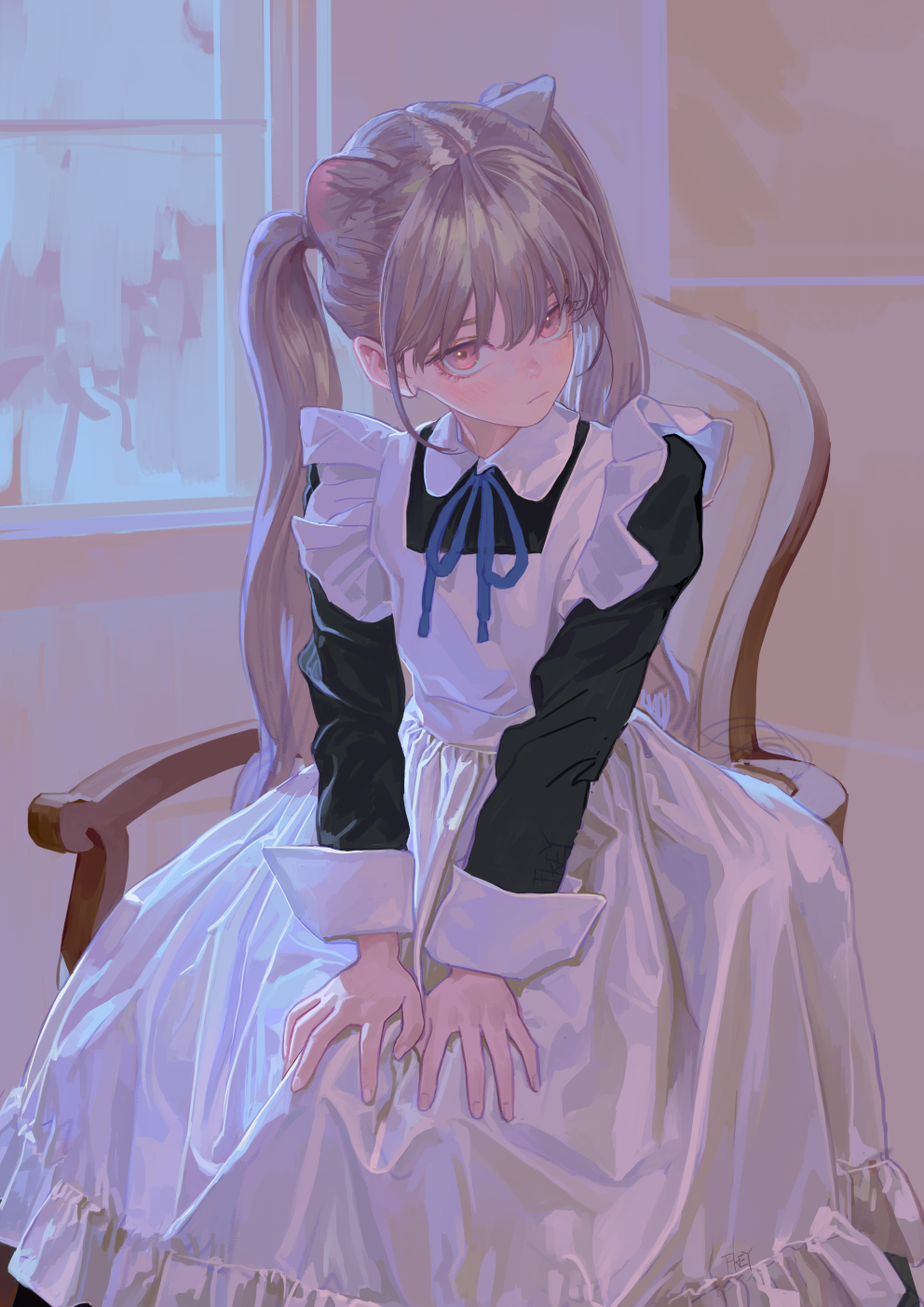 1girl animal_ears apron black_dress blue_ribbon cat_ears cat_girl chair choppy_bangs cropped_legs dress extra_ears feiqizi_(fkey) fkey frilled_apron frills grey_hair highres long_hair looking_at_viewer maid maid_apron original pink_eyes ribbon sidelocks signature sitting twintails unfinished window wrist_cuffs
