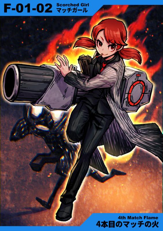 1girl asymmetrical_bangs black_coat black_footwear black_jacket black_pants black_shirt blunt_bangs brown_eyes check_gender clenched_teeth closed_mouth coat collared_shirt commentary_request denim e.g.o_(project_moon) employee_(lobotomy_corporation) eyelashes fire full_body gun holding holding_gun holding_weapon impaled jacket jeans leg_up lobotomy_corporation low_twintails machine_gun matches medium_hair meimaru_inuchiyo necktie numbered pants partial_commentary project_moon red_necktie running scorched_girl shirt shoes smile solid_circle_eyes teeth twintails two-tone_coat v-shaped_eyebrows weapon white_coat white_eyes