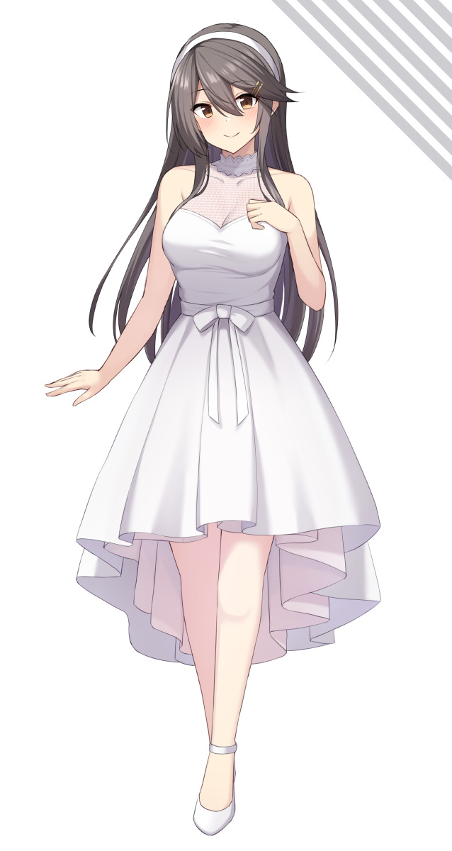 1girl akahi242 alternate_costume black_hair brown_eyes commentary_request detached_collar dress full_body hairband haruna_(kancolle) high_heels highres kantai_collection long_hair off-shoulder_dress off_shoulder solo white_background white_dress white_footwear white_hairband