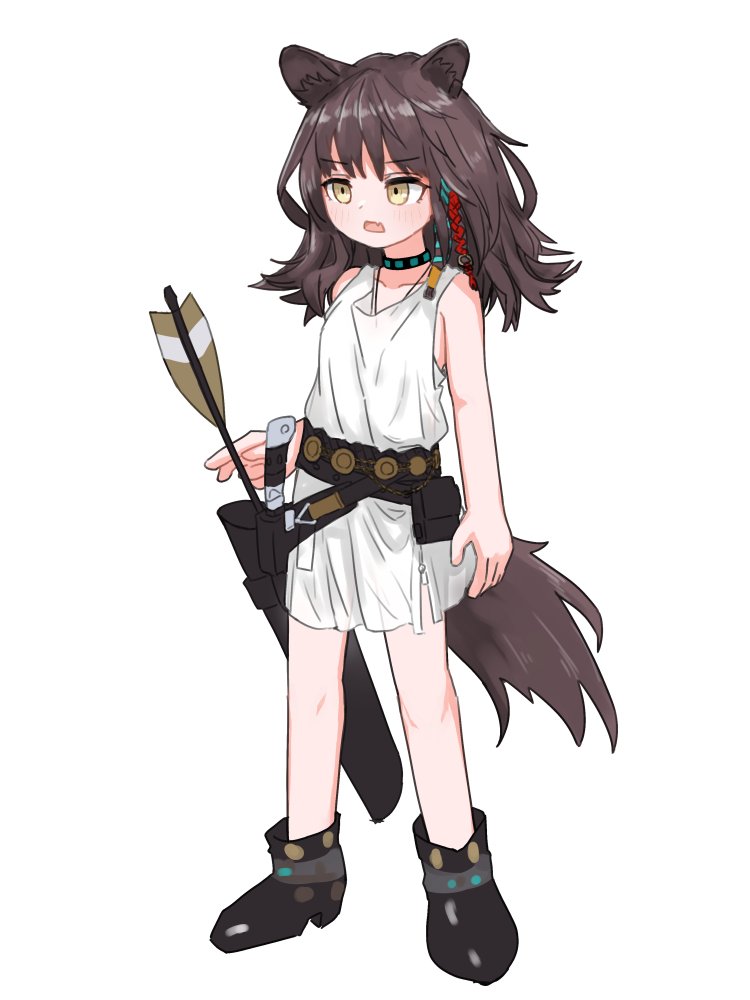 1girl animal_ears ankle_boots arknights arrow_(projectile) black_collar black_footwear boots brown_hair collar dress full_body hair_ornament kamihine long_hair lunacub_(arknights) pouch quiver simple_background solo standing tail white_background white_dress wolf_ears wolf_girl wolf_tail yellow_eyes