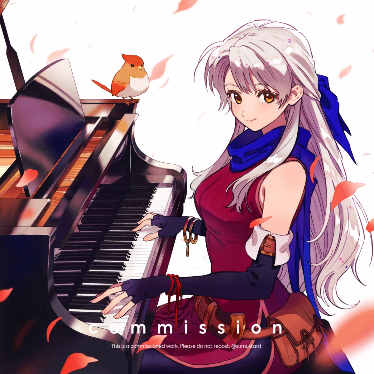 1girl bangle bare_shoulders black_gloves blue_ribbon blue_scarf bracelet breasts commission elbow_gloves english_commentary fingerless_gloves fire_emblem fire_emblem:_radiant_dawn gloves hair_ribbon highres instrument jewelry leaf long_hair medium_breasts micaiah_(fire_emblem) music piano playing_instrument playing_piano ribbon scarf sitting solo sumustard watermark white_hair yune_(fire_emblem)