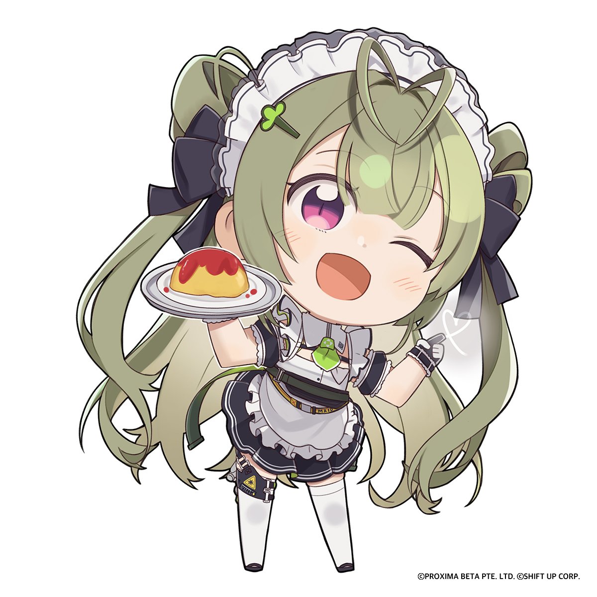 1girl antenna_hair apron belt black_dress black_footwear black_gloves chibi clothes_writing commentary_request dress frilled_apron frills full_body gloves goddess_of_victory:_nikke green_hair green_necktie hair_ornament hair_rings hairclip heart highres holding holding_tray leaning_to_the_side long_hair necktie official_art one_eye_closed open_mouth smile soda_(nikke) solo thigh-highs totatokeke tray two-tone_gloves two_side_up very_long_hair white_apron white_gloves white_thighhighs yellow_belt