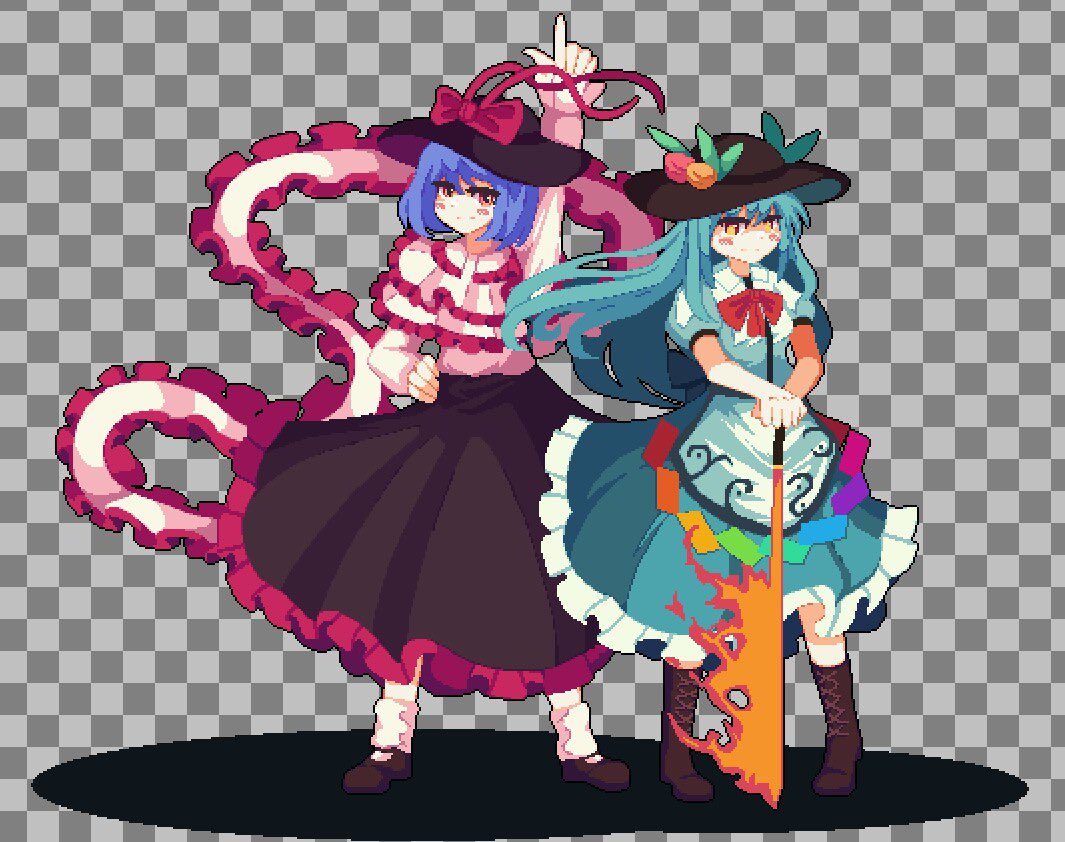 2girls arm_up black_footwear black_headwear black_skirt blue_hair blue_skirt bow bowtie brown_footwear capelet checkered_background closed_mouth commentary food frilled_skirt frills fruit full_body grey_background hand_on_own_hip hands_on_hilt hat hat_bow hinanawi_tenshi index_finger_raised kaaaarin leaf long_hair long_skirt looking_at_viewer multiple_girls nagae_iku orange_eyes peach pink_capelet pink_shirt pixel_art purple_hair rainbow_order red_bow red_bowtie shawl shirt short_hair short_sleeves skirt socks standing sword_of_hisou touhou white_shirt white_socks