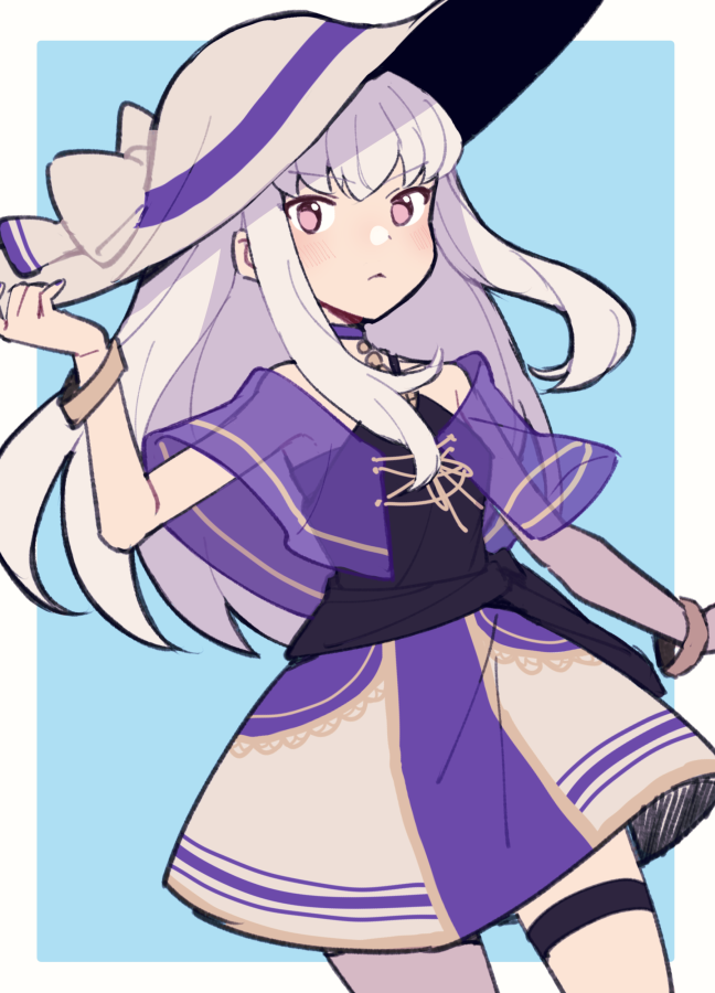 1girl bangle bare_shoulders bow bracelet do_m_kaeru dress fire_emblem fire_emblem:_three_houses flat_chest hat hat_bow holding holding_clothes holding_hat jewelry long_hair looking_at_viewer lysithea_von_ordelia solo sun_hat thigh-highs violet_eyes white_dress white_hair white_headwear white_thighhighs zettai_ryouiki