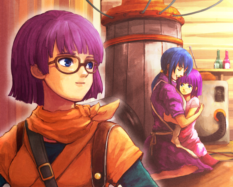 apron chrono_trigger glasses hug lucca_ashtear mother_and_daughter motherly orange_scarf orange_tunic purple_hair scarf short_hair tears tommy0117