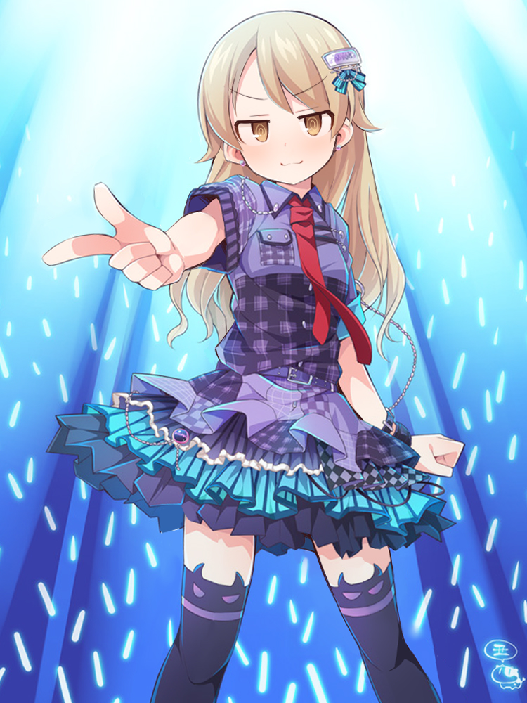 &gt;:) 1girl alternate_hairstyle belt belt_buckle black_thighhighs bracelet breast_pocket buckle chain concert cowboy_shot glowstick hair_between_eyes hair_down hair_ornament horn_band_legwear idol idolmaster idolmaster_cinderella_girls idolmaster_cinderella_girls_starlight_stage individuals_(idolmaster) jewelry layered_skirt light_brown_hair light_rays long_hair looking_at_viewer morikubo_nono necktie plaid pleated_skirt pocket pointing revision shirt short_sleeves signature skirt smile solo standing thigh-highs uccow v-shaped_eyebrows yellow_eyes