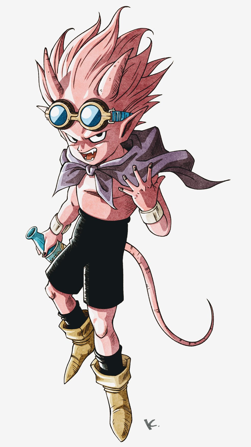 1boy black_nails black_shorts boots bottle bracelet cape character_request colored_skin copyright_request goggles goggles_on_head highres holding holding_bottle horns jewelry kakeru_(dbskakeru) looking_at_viewer open_mouth pink_skin pointy_ears purple_cape shorts simple_background solo tail toriyama_akira_(style) white_background yellow_footwear