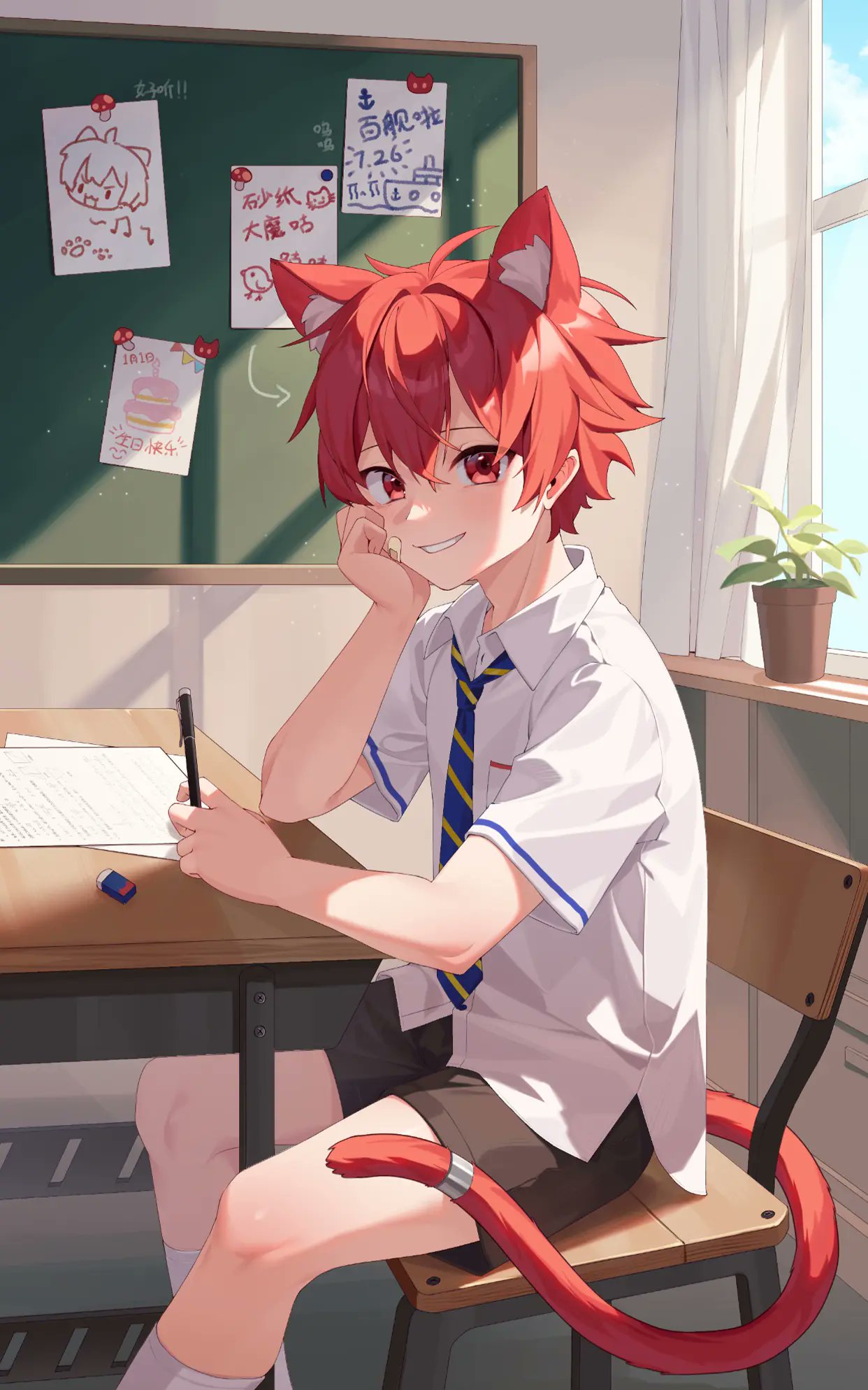 1boy animal_ear_fluff animal_ears bishounen brown_shorts cat_ears cat_tail chair chalkboard commentary_request curtains desk drawing eraser extra_ears eyuzi_i highres kemonomimi_mode looking_at_viewer male_focus necktie original plant potted_plant redhead school_desk school_uniform short_hair short_sleeves shorts sitting solo tail teeth translation_request