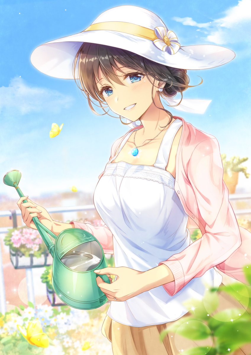 1girl black_hair blue_eyes blue_sky bow brown_skirt camisole earrings floral_bow grin hat hat_bow highres jacket jewelry lens_flare looking_at_viewer mono_lith necklace open_clothes open_jacket original outdoors parted_lips pink_jacket short_hair skirt sky smile solo sun_hat watering_can white_camisole white_headwear