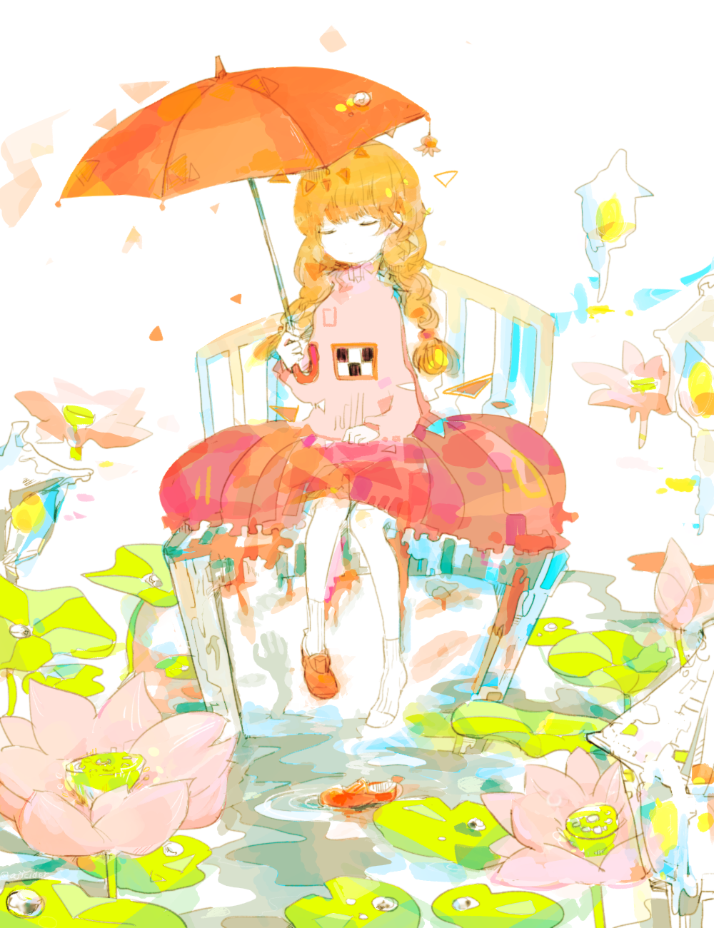 1girl afloat ajisai_(ajicider) bench braid bubble_skirt circle_skirt closed_eyes closed_mouth commentary_request facing_viewer flower full_body hand_on_lap hand_up head_tilt highres holding holding_umbrella lily_pad long_hair long_skirt long_sleeves lotus lotus_pod madotsuki on_bench orange_hair painterly pink_flower pink_sweater pond print_sweater red_skirt ribbed_socks shoes single_shoe sitting skirt socks solo straight-on sweater turtleneck turtleneck_sweater twin_braids umbrella water white_background white_socks yume_nikki