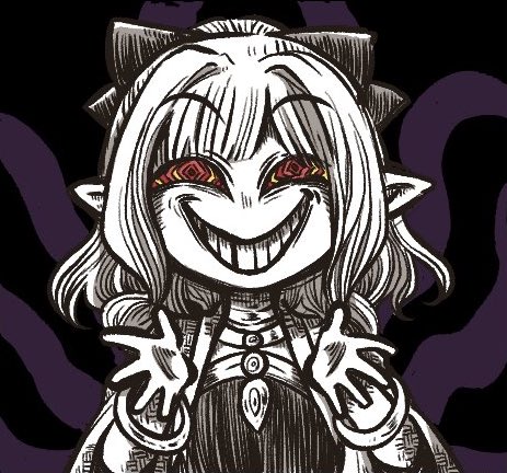 1girl @_@ apocalypse_mynoghra_~the_conquest_of_the_world_starts_with_the_civilization_of_ruin~ bangle black_background bracelet evil_grin evil_smile facing_viewer grin jewelry lowres medium_hair midorihhhna pointy_ears red_eyes simple_background sludge_atou smile solo spot_color tentacles upper_body
