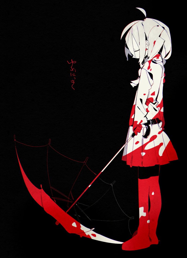 1girl ahoge arms_at_sides black_background blood blood_in_hair blood_on_clothes blood_on_hands braid closed_eyes commentary_request copyright_name expressionless facing_down from_side full_body greyscale hair_over_shoulder higa423 holding holding_umbrella long_sleeves madotsuki monochrome pleated_skirt profile simple_background skirt solo spot_color standing sweater translation_request turtleneck turtleneck_sweater twin_braids umbrella yume_nikki
