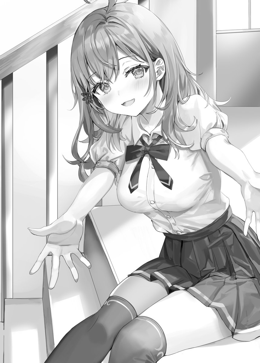 1girl ahoge blush breasts buttons collarbone collared_shirt commentary_request crossed_bangs dress_shirt feet_out_of_frame flower greyscale hair_between_eyes hair_flower hair_ornament hair_over_shoulder hairpin happy head_tilt highres indoors knees_together_feet_apart large_breasts long_hair looking_at_viewer loose_neck_ribbon mariya_mikhailovna_kujou momoko_(momopoco) monochrome neck_ribbon novel_illustration official_art open_mouth outstretched_arms pleated_skirt puffy_short_sleeves puffy_sleeves reaching reaching_towards_viewer ribbon school_uniform shirt shirt_tucked_in short_sleeves sitting sitting_on_stairs skirt solo stairs swept_bangs teaching thigh-highs tokidoki_bosotto_roshia-go_de_dereru_tonari_no_arya-san window