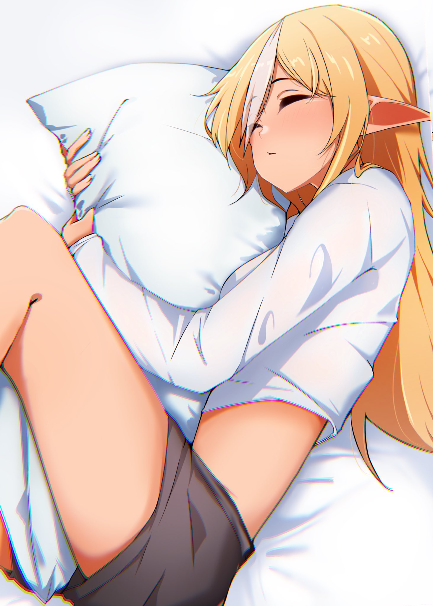 1girl alternate_costume black_shorts blonde_hair blush body_pillow breasts casual chromatic_aberration closed_eyes closed_mouth commentary dark-skinned_female dark_skin feet_out_of_frame fetal_position highres hololive long_hair long_sleeves lying medium_breasts midriff multicolored_hair object_hug on_bed on_side pillow pillow_hug pointy_ears shiranui_flare shirt short_shorts shorts sleeping solo two-tone_hair virtual_youtuber white_hair white_shirt yamaki_(yamaki801)