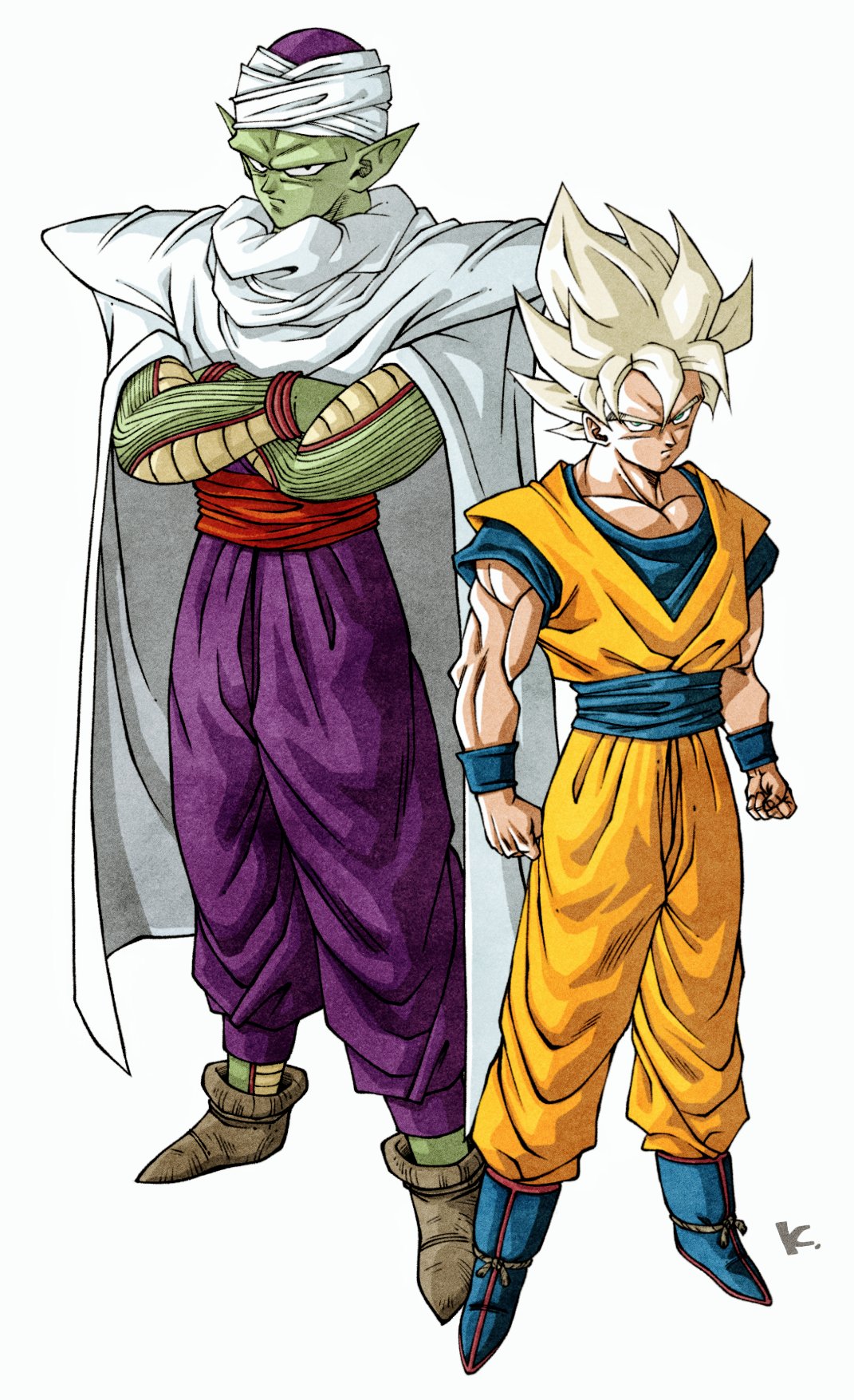 2boys alien baggy_pants blonde_hair cape character_request clenched_hands crossed_arms dragon_ball highres jumpsuit kakeru_(dbskakeru) looking_at_viewer multiple_boys orange_jumpsuit pants piccolo pointy_ears purple_pants simple_background sleeveless spiky_hair toriyama_akira_(style) white_background white_cape