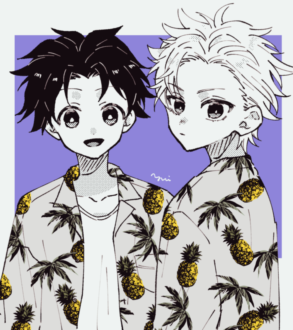2boys alternate_costume alternate_hairstyle black_hair gon_freecss hawaiian_shirt hunter_x_hunter killua_zoldyck looking_at_viewer male_child male_focus multiple_boys oomoriokome open_clothes open_shirt purple_background shirt short_hair smile two-tone_background upper_body white_background white_hair