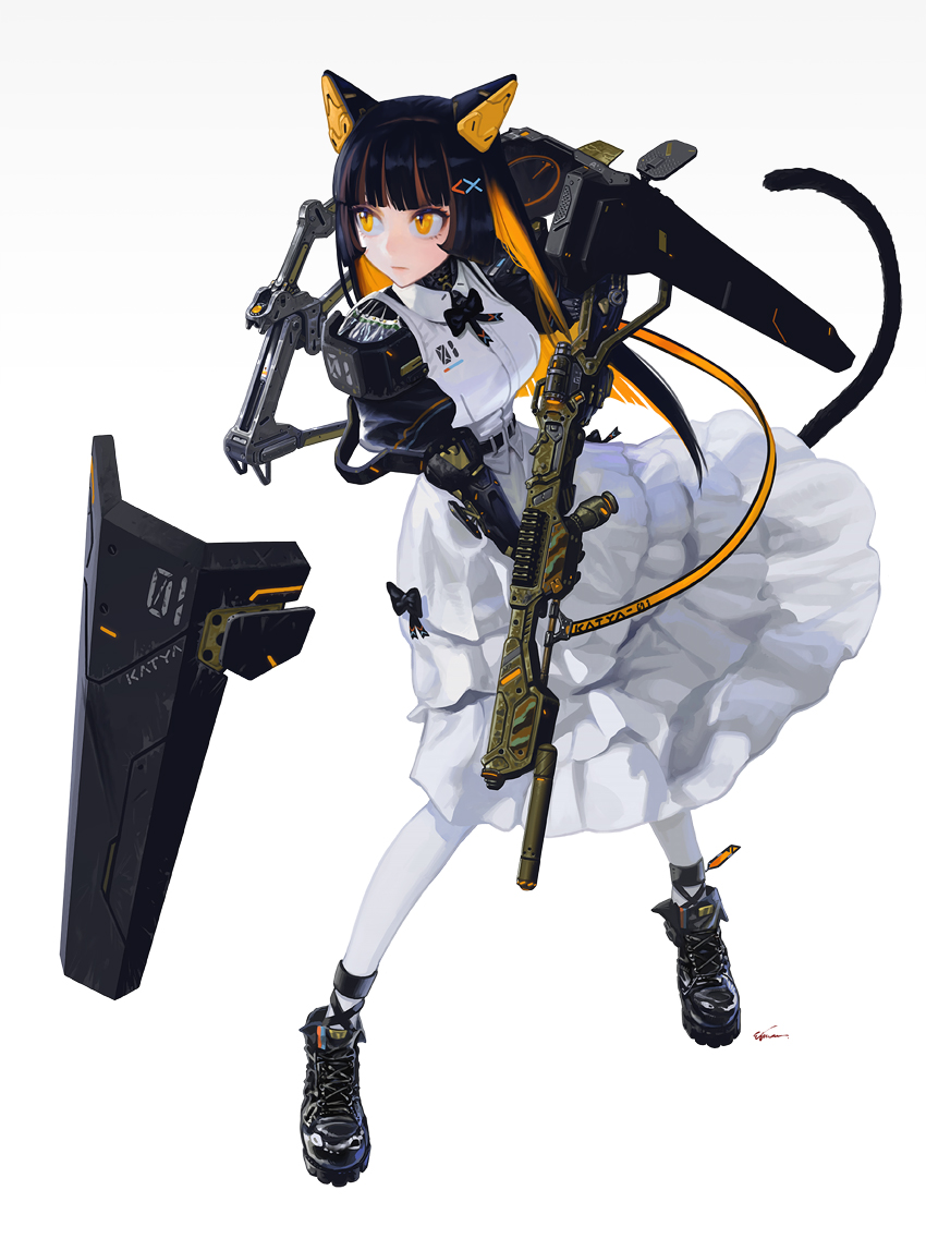 1girl animal_ears black_bow black_bowtie black_footwear black_hair blonde_hair boots bow bowtie cat_ears cat_girl cat_tail character_name closed_mouth collared_dress colored_inner_hair commentary cyborg dress etama_quomo expressionless full_body gun hair_ornament holding holding_gun holding_weapon long_hair mechanical_arms multicolored_hair original pantyhose robot_ears signature simple_background sleeveless sleeveless_dress solo tail weapon white_background white_dress white_pantyhose x_hair_ornament yellow_eyes