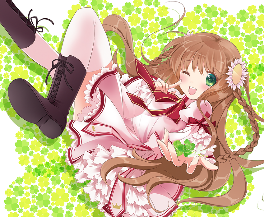 1girl :d asahina_yori blush boots braid brown_footwear clover comiket_90 commentary_request dress eyes_visible_through_hair feet_out_of_frame floating_hair flower four-leaf_clover frilled_dress frilled_sleeves frills green_background green_eyes hair_between_eyes hair_flower hair_ornament happy index_finger_raised juliet_sleeves kanbe_kotori kazamatsuri_institute_high_school_uniform knee_up long_hair long_sleeves looking_at_viewer lying no_ahoge on_back one_eye_closed open_mouth pink_dress puffy_sleeves reaching reaching_towards_viewer red_ribbon rewrite ribbon school_uniform simple_background smile solo sunflower_hair_ornament teeth thigh-highs twin_braids tying_footwear upper_teeth_only very_long_hair wavy_hair white_background white_thighhighs wide_sleeves