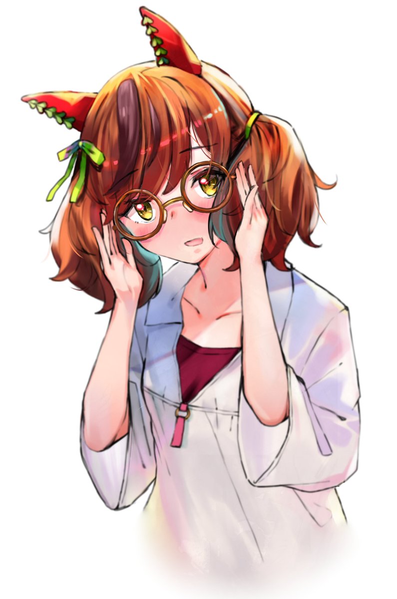 1girl adjusting_eyewear animal_ears bespectacled blush breasts brown_eyes casual collarbone commentary_request glasses highres horse_ears horse_girl looking_at_viewer medium_breasts mizusaki_rain nice_nature_(umamusume) open_mouth portrait redhead short_twintails simple_background solo twintails umamusume white_background