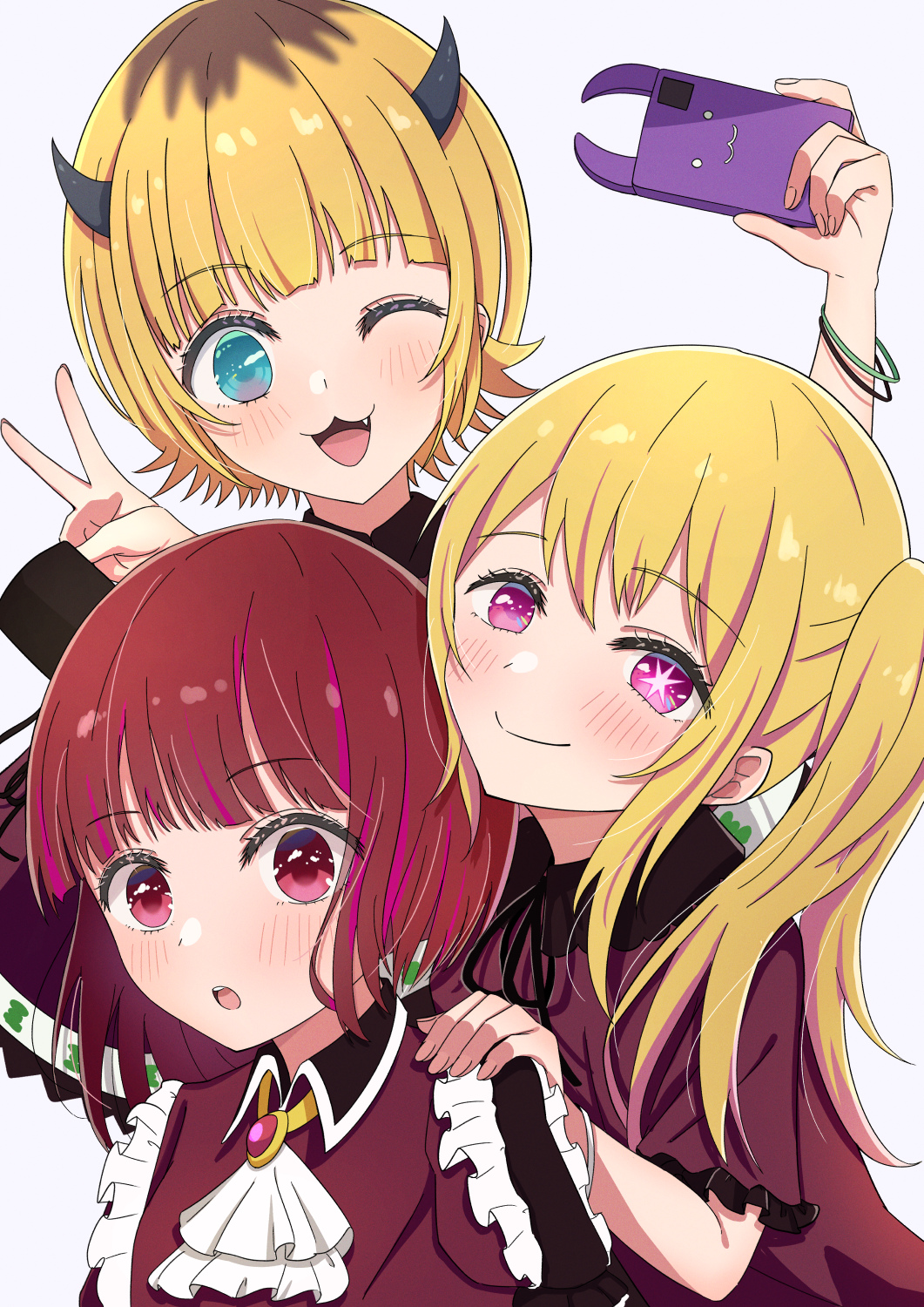 3girls :3 :o arima_kana ascot awaomi black_ribbon blonde_hair blue_eyes blunt_bangs blush bob_cut bracelet brooch cellphone closed_mouth collared_dress commentary_request demon_horns dress fake_horns fang frilled_dress frills grey_background hair_between_eyes highres holding holding_phone horns hoshino_ruby idol idol_clothes jewelry long_hair looking_at_viewer medium_hair memcho mismatched_pupils multiple_girls neck_ribbon no_pupils one_eye_closed one_side_up open_mouth oshi_no_ko partial_commentary phone pink_eyes red_dress red_eyes redhead ribbon shadow short_hair short_sleeves sidelocks simple_background smartphone smartphone_case smile star-shaped_pupils star_(symbol) symbol-shaped_pupils teeth upper_teeth_only v white_ascot