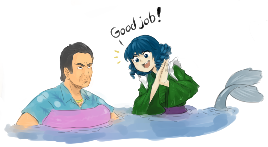 1boy 1girl blue_eyes blue_hair blue_shirt cheering crossover english_text fins fish_tail gold_necklace grand_theft_auto grand_theft_auto:_vice_city in_water jewelry mermaid monster_girl necklace shirt tail tommy_vercetti touhou wakasagihime